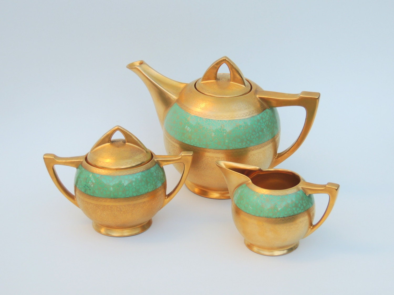 Pickard 1920s Art Deco Tea Set 24k Gold Encrusted Mint Green