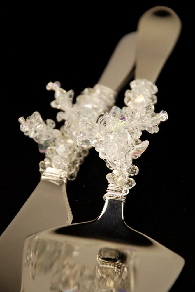 Flower wedding  cake  serving  set  cutter Swarovski crystal 