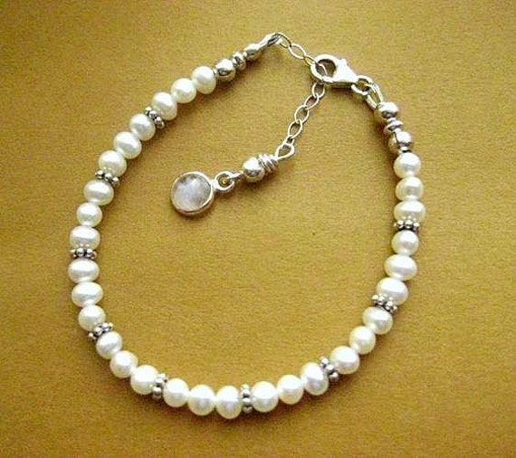 Pearl Bracelet. Flower Girl, First Communion or  Petite Bride. Choice of Sterling Silver Charm.