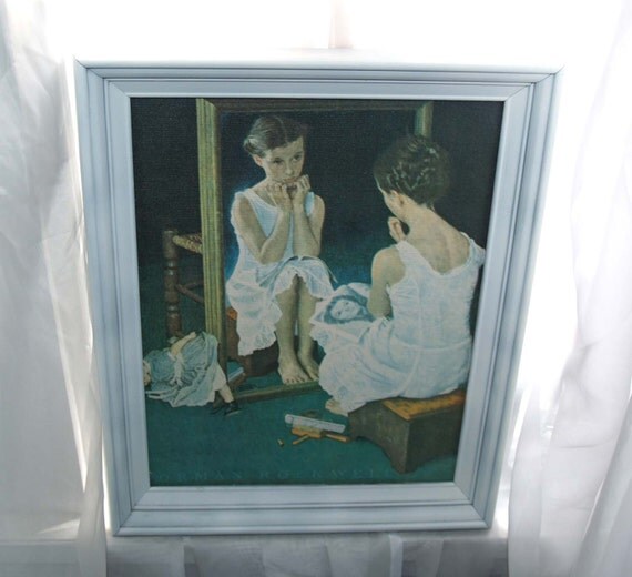 Girl at Mirror by Norman Rockwell Print in White Frame Teen