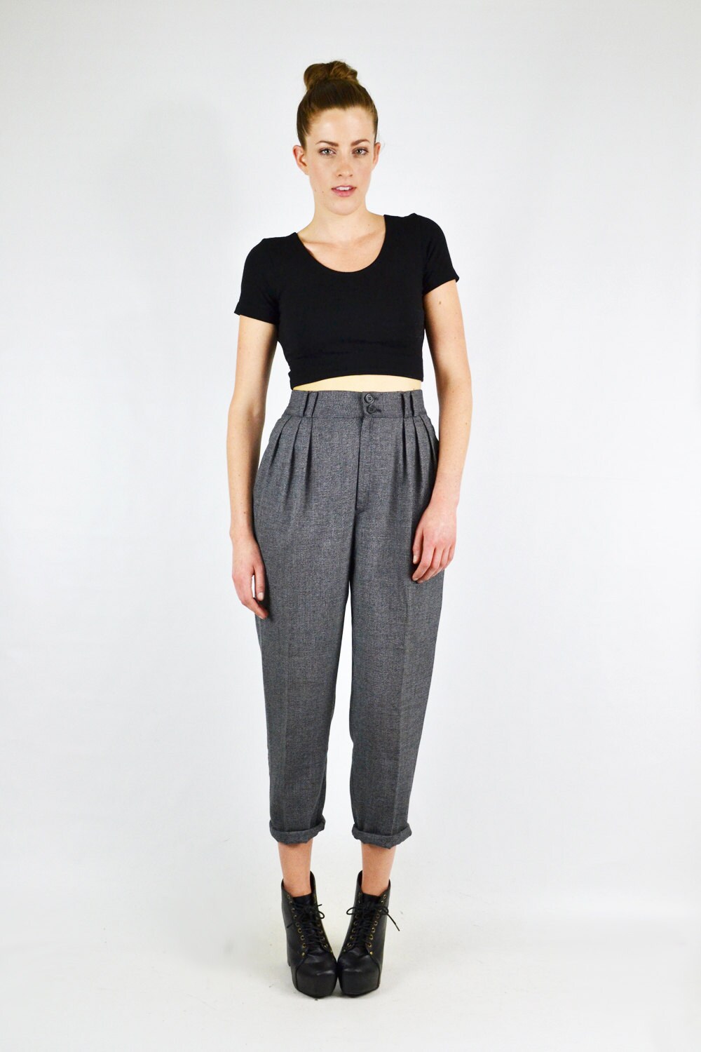 vintage 80s gray tweed HIGH WAIST SKINNY pants / high waisted