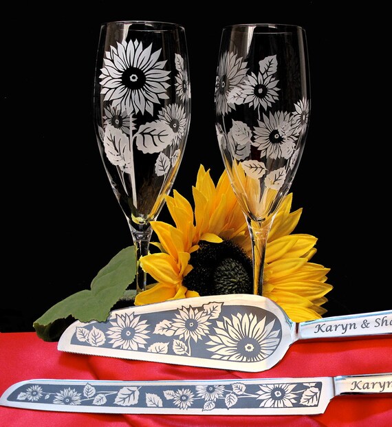 Sunflower Wedding Cake Server and Knife & Champagne Flute Set, Personalized Set