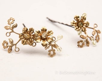 Vintage Flower Bobbie Pins, Brass and Gold Flower Hair Accessories, Wedding Hair, Vintage Wedding Hair