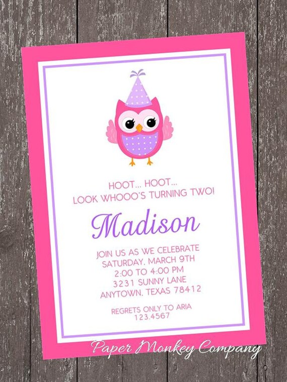 Pink and Purple Owl Birthday Invitations - Any Age Il_570xn