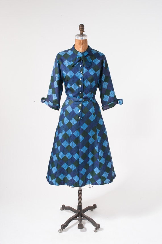 Vintage 1950's Blue Dress Secretary Shirtdress Harlequin