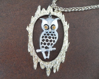 Vintage Owl Necklace 1970s Silver and Gold Signed