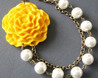 Statement Necklace Yellow Jewelry Flower Necklace Bridesmaid Jewelry Pearl Necklace Bib Necklace Gift For Her