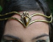 Elven Fairy Pixie Brass Goddess Tigers Eye Crystal Stone Flower Tiara Crown Head Piece OOAK