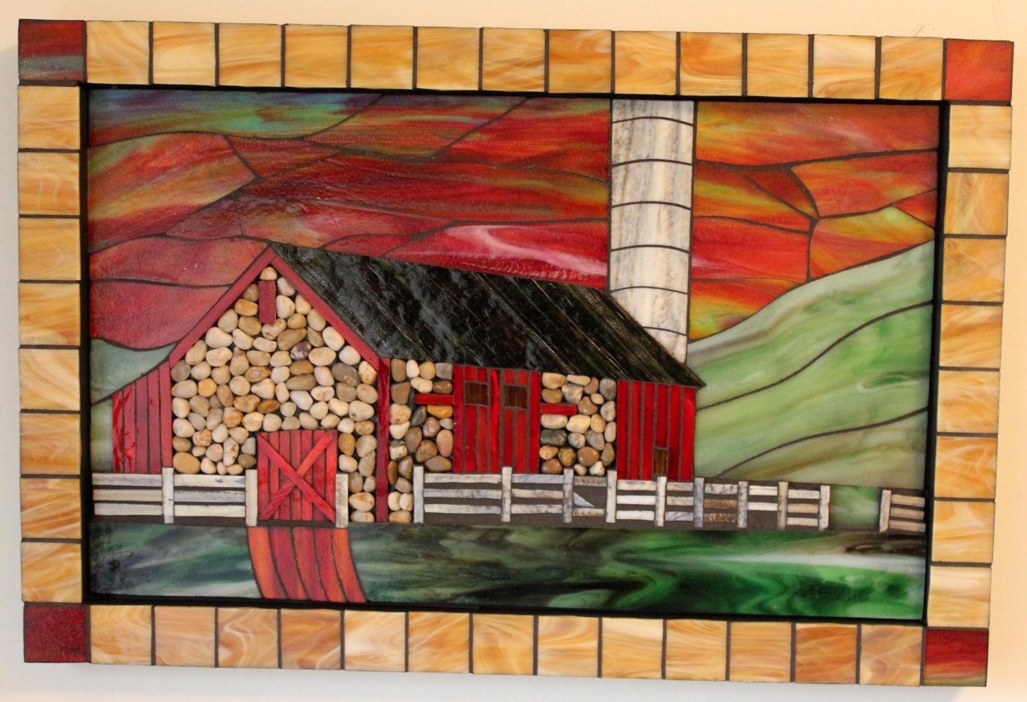 CLEARANCE SALE Mosaic Stained Glass Stone Red Barn