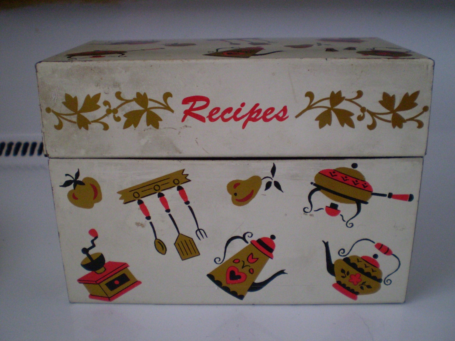 Vintage 1950s Metal Recipe Box Tin With Cards