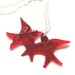 Red flying kissing resin love birds silver necklace