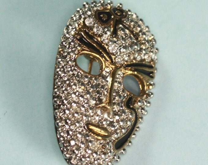 Vintage Face Mask Pin Brooch Rhinestones Gold and Silver Tone Mask Pin