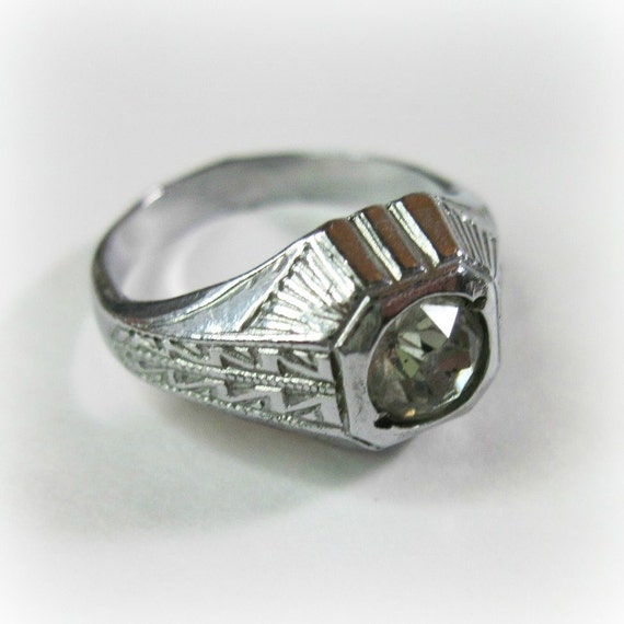 Vintage Mens Art Deco Ring 1930s Rhinestone Silver Tone
