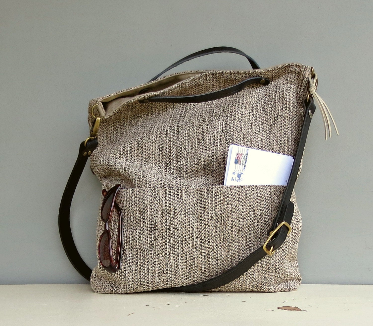 Herringbone Fabric Messenger Bag Taupe Crossbody Bag