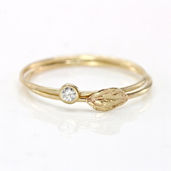 Diamond Leaf Ring in 14k Gold, White Diamond Stacking Ring Set of Two ...