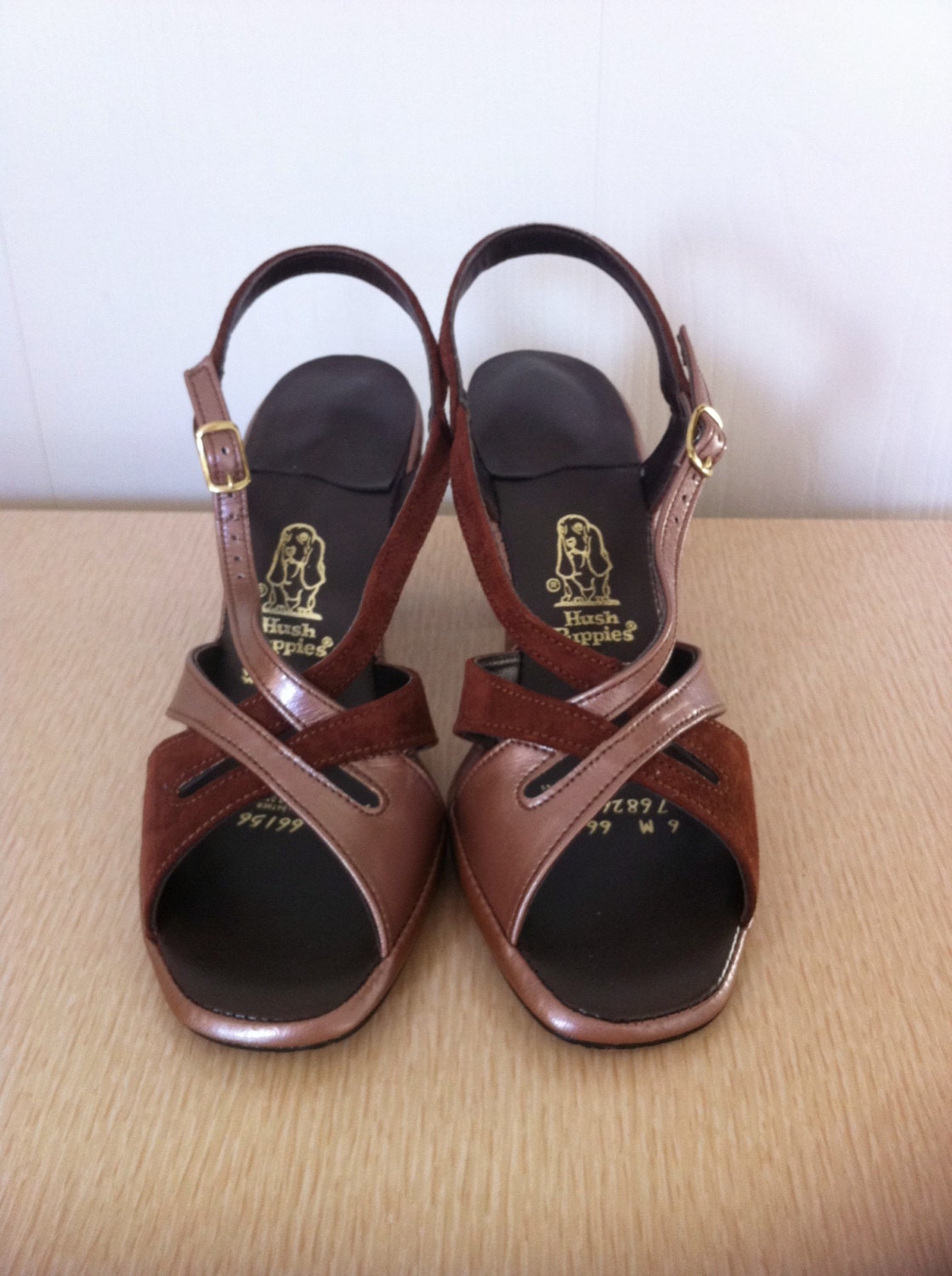 Vintage 1970s Shoes Hush Puppies Brown Suede High Heel Open