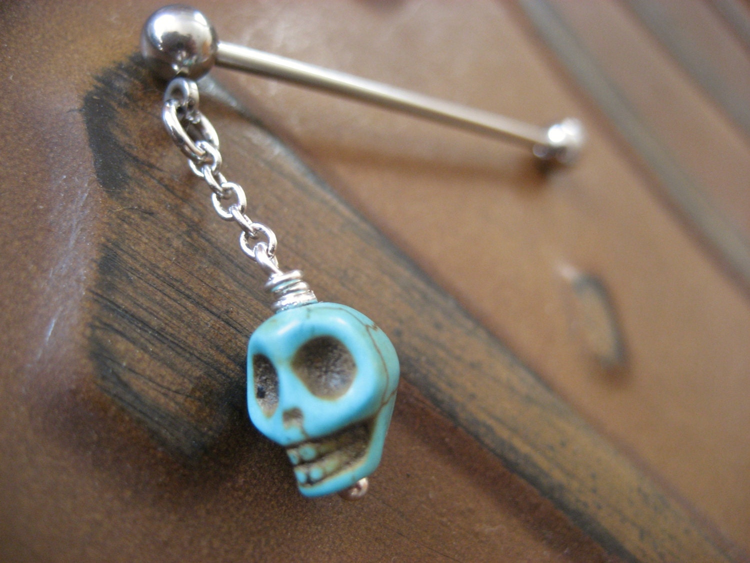 Industrial Barbell Piercing Jewelry Turquoise Blue Skull Charm