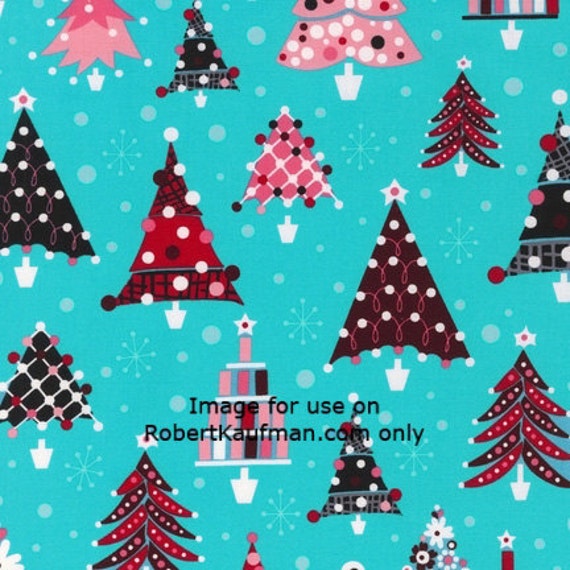 Items similar to Robert Kaufman Fabric Retro Christmas Trees Retro Blue