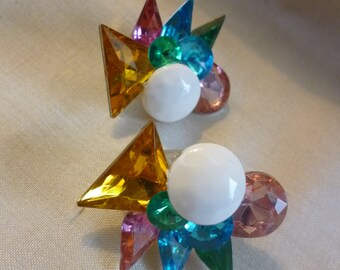 Vintage 1980s Clip On Earrings - Pink, Topaz, Green, Blue, White - Spring Bling