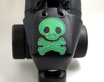 Leather Skate Toe Guards with Green Skull and Crossbones