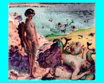 s448 MERMAIDS FABRIC RENAISSANCE Vintage Mermaids Painting Fabric Blocks Mermaids Print for Quilts.