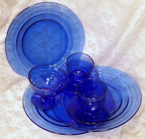 Cobalt Blue Depression Glass Moderntone Hazel Atlas Aurora