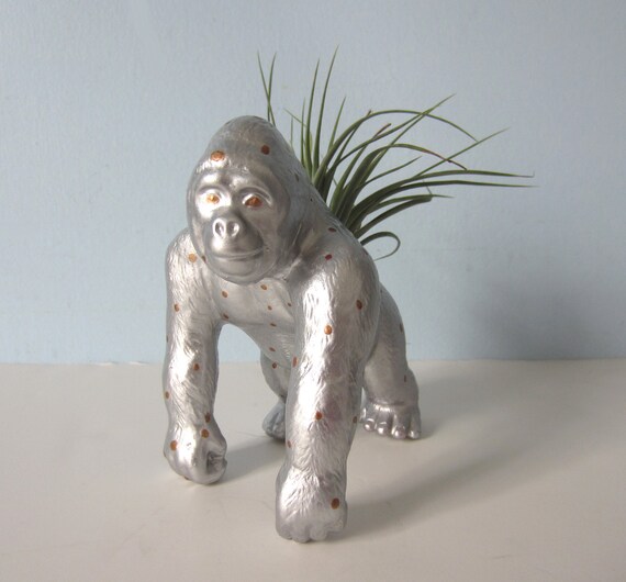 Upcycled Toy Planter Large Silver and Gold Polka Dot Gorilla