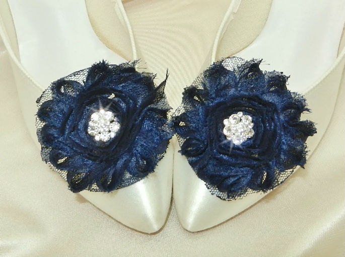 Navy Blue Wedding Shoe Clips with Rhinestone Accent
