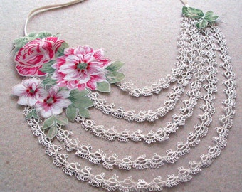 Tatting Lace Necklace Romantic Floral Collar Statement Choker Mothers Day Gift Neck Charm, Designer, OOAK, Bridal Wedding Charm Peony Flower