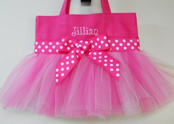 Embroidered Tote Bag - Hot Pink Tote Bag with Pink Tulle and Pink Polka Dot Ribbon Tutu Tote Bag TB199 Ch