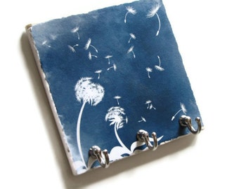 Blue Dandelion Art Key Hook Hanger, Decorative Tile Key Rack, Wall Home Organizer Key Holder, Wall Decor