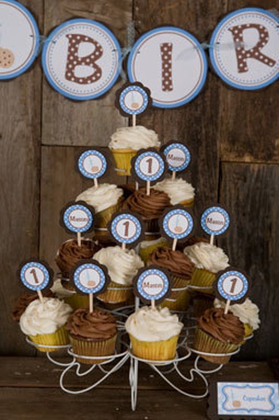 Milk and Cookies Theme Cupcake Toppers, Happy Birthday Party Decorations in Blue and Brown, Milk and Cookies Birthday Party (12)