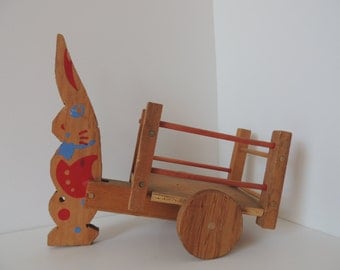Primitive Wooden Bunny Rabbit Pulling A Cart Toy. Handcrafted Painted Rabbit Pull Toy. Rabbit and Cart Child's Toy