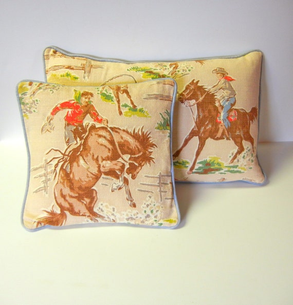 Two Vintage Pillows Horses Rodeo Ranch Boys Room Lodge Log