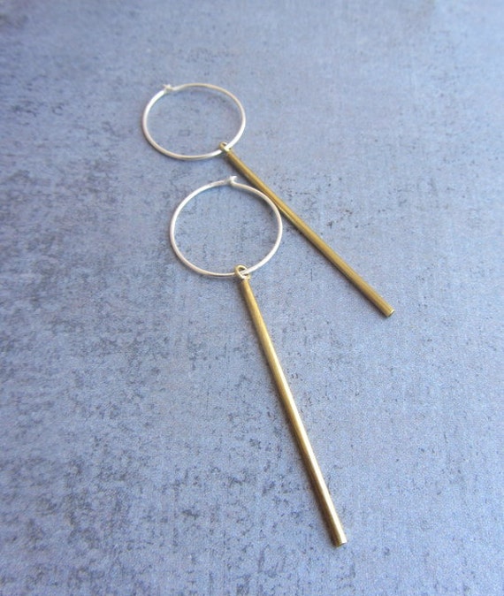Simple tiny gold brass bar earrings with sterling silver