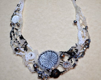Old movie freeform peyote necklace black and white with polymer clay focal
