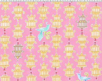 Chinoise CW Fabric Asian Inspired Yellow Bird Cages with Blue Birds on Pink