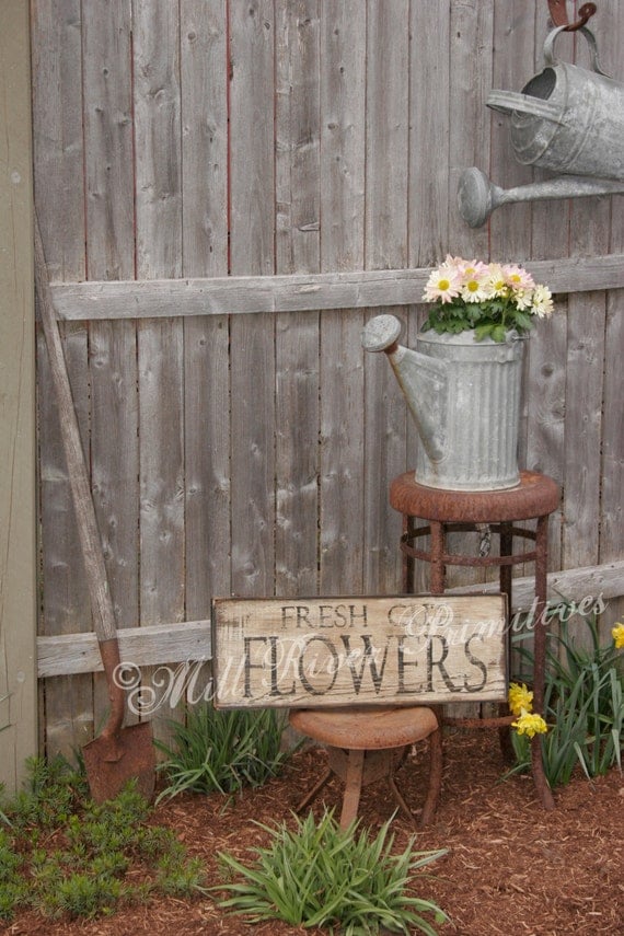 Primitive Aged Fresh Cut Flowers Wood Sign