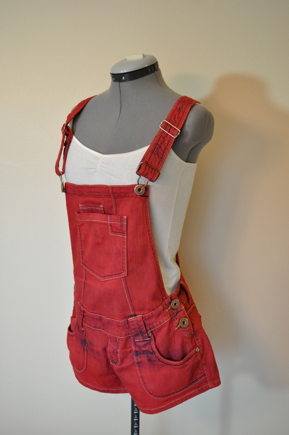 Red Low Waist Bib OVERALLS Hand Dyed Red Highway Denim