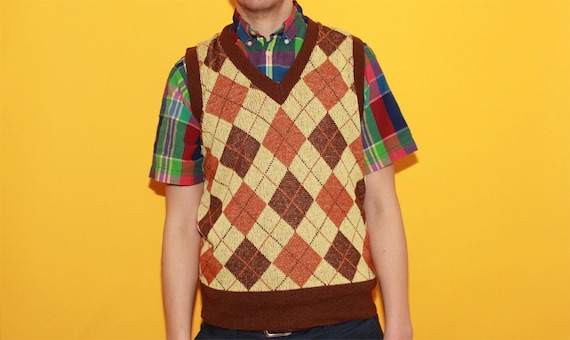 Vintage Argyle Sweater Vest Brown 80s Retro Mens Geek Nerd