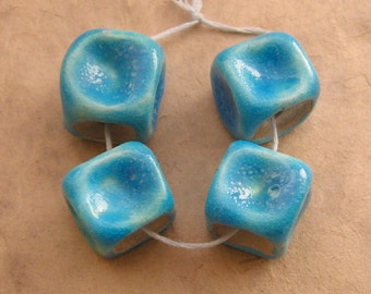 Raku Ceramic Beads - Quartet of Turquoise Large Knucklebone Beads