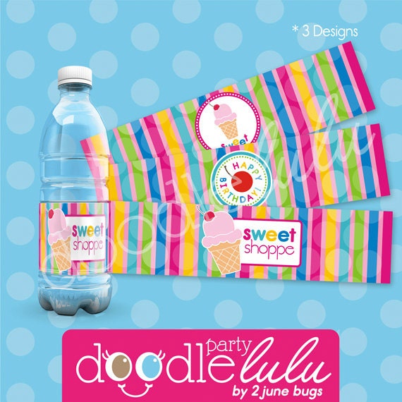 INSTANT DOWNLOAD DIY Ice Cream Birthday Party Water Bottle/Drink Labels/Wraps - 3 printable designs from Doodlulu by 2 june bugs Il_570xn