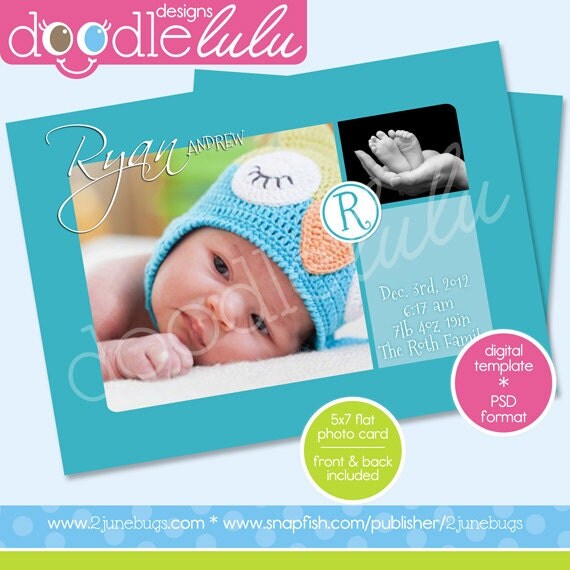 INSTANT DOWNLOAD Digital Printable 5x7 Aqua / Teal / Blue Monogram Baby Announcement Card Template (Photoshop) PSD Il_570xn