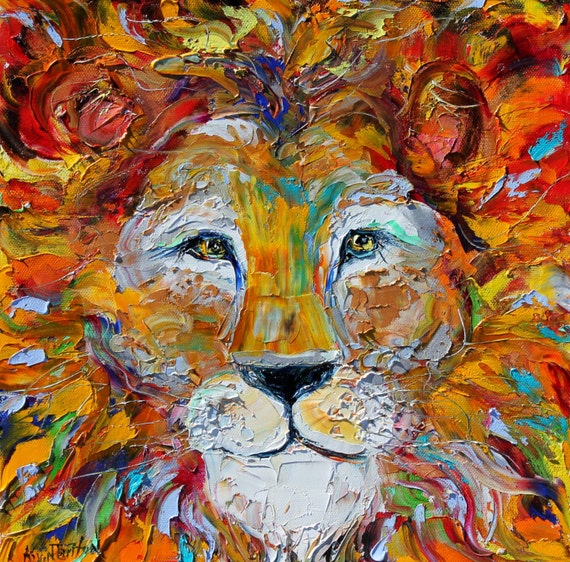 Original Lion Portrait palette knife painting oil by Karensfineart