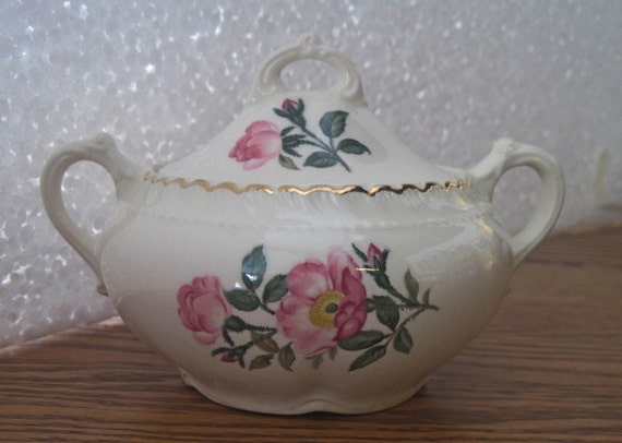 Items similar to Harker pottery co floral covered floral sugar bowl 22 ...