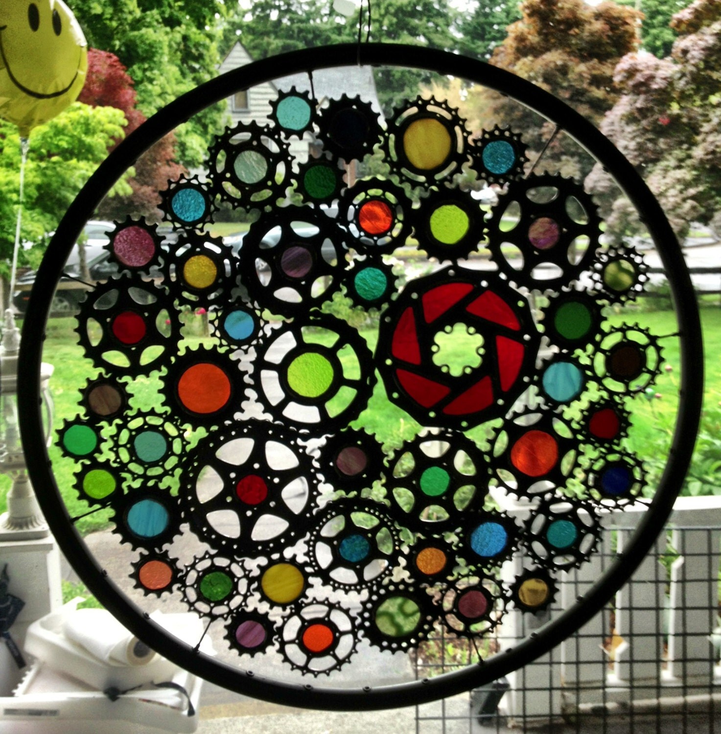 Stained glass bicycle wheel recycled bicycle art