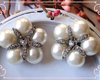 4 pcs - 33mm Puff Flower Rhinestone Pearl Buttons with Shank on the back - wedding / hair / Flower Center / garment accessories