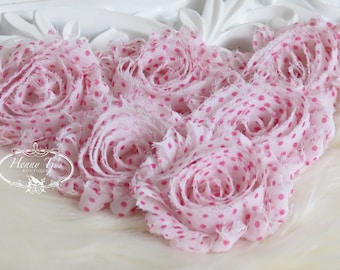 Set of 6 Shabby Frayed Vintage look Chiffon Rosette Flowers - White with Hot Pink Polka Dots