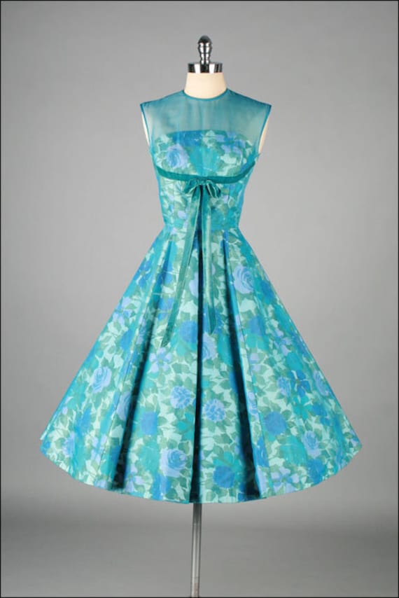 Vintage 1950s Dress . JANE PARKER . Aqua Chiffon . Floral
