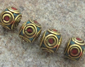 Nepalese Brass cube beads with turquoise coral circles - 2 beads - BD092